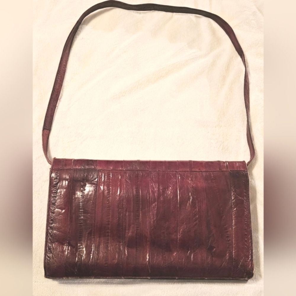 Eel Skin Leather Shoulder Bag Clutch Burgundy Red Wine Maroon Vintage 1960s - Picture 9 of 11